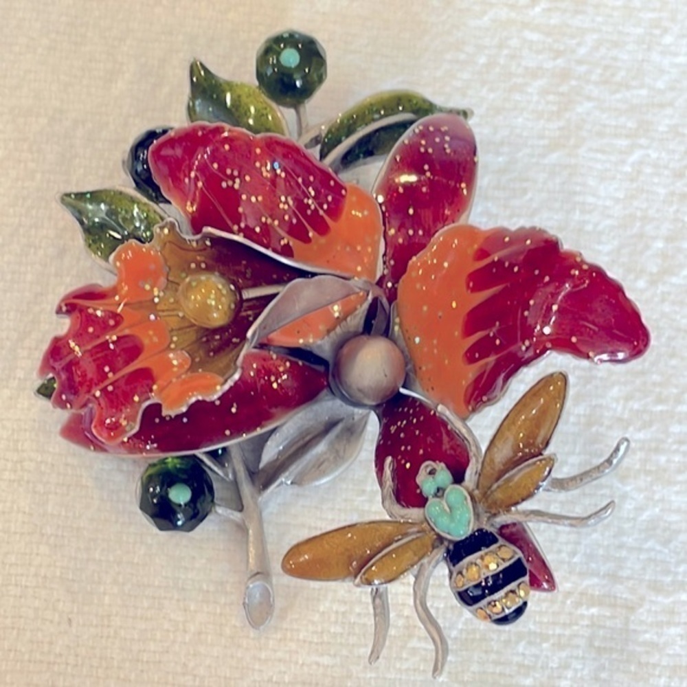 Vintage 3d glitter iris bumble bee colorful metal brooch